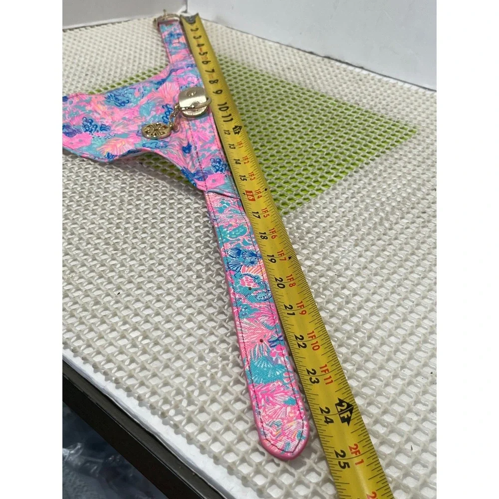 Lilly Pulitzer Dog Collar Pink‎ Blue Floral Shell Print Gold Buckle 24.5in